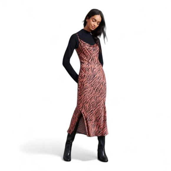 Anthropologie 90s Grunge Elyse Slip Dress Zebra Print Silky Drape Neck Midi Sz S - Picture 1 of 14